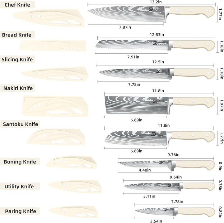 Chef Knife Sets with Roll Bag, Sharp Kitchen Knife Set with Sharpener | High Carbon Stainless Steel 9PCS Chef Knives Sets with Anti-Slip Ergonomic Handle for Camping, Travel, BBQ, RV or Gift, Beige+2