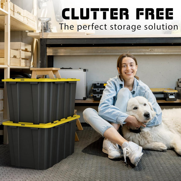 4 Pack of Large 17 Gallon Plastic Storage Bin Tote Organizing Container with Secure Latching Lids, Stackable, Extra Strength Clear with Built in Handle - Black and Yellow4