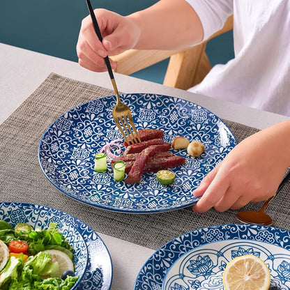Porcelain Dinnerware Sets Service for 4, 12 Pcs Hand Drawn Plates and Bowls Sets, Handmade Ceramic Dish Set, Chip Resistant Modern Plate Set, Dishwasher/Microwave Safe，Vintage Blue8