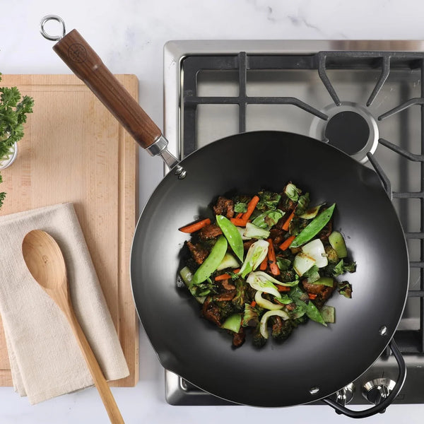 Chisholm 13.5-Inch Carbon Steel Nonstick Wok, Pfas-Free Wok Pan & Flat Bottom Stir Fry Pan with Long Walnut Wood Handle & Helper Handle, Black3