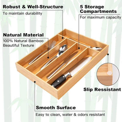 Silverware Organizer Kitchen Drawer Organizer Utensil Organizer Bamboo Silverware Holder Cutlery Organizer in Drawer Flatware Organizer Tray(5 Slots, Natural3