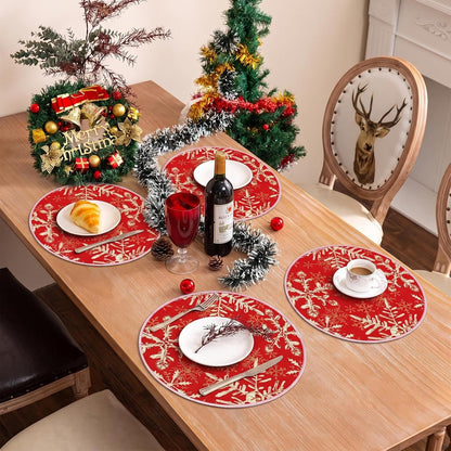 Christmas round Placemats Set of 4 Red Snowflakes Decorations4