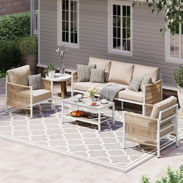 Aluminum Outdoor Patio Furniture Set with Dual-Layer Coffee Table, 4 Piece Modern Patio Conversation Sets with PE Rope, Outdoor Sectional Sofa with Thick Cushions for Balcony, Porch, Ivory1