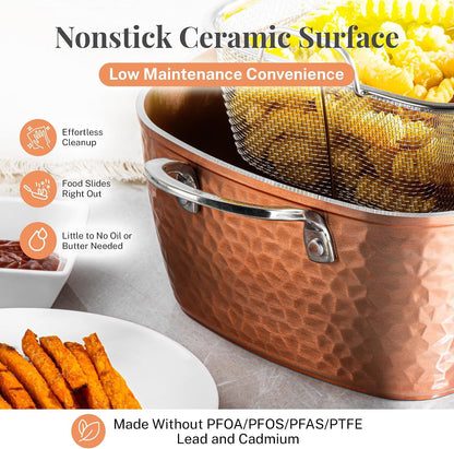 Nonstick Square Deep Frying Pan, 9.5” Large Cooking Pan with Ceramic Nonstick Coating, Deep Fryer Pot with Basket, 4 Pc Titanium Ceramic with Lid, Basket & Steamer Tray, Dishwasher Safe4