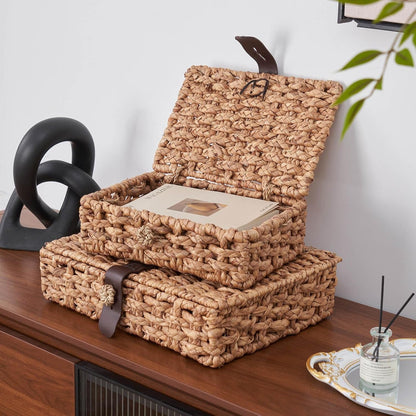 Decorative Box with Lid, Wicker Storage Basket, Water Hyacinth Woven Decorative Box for Shelf, Coffee Table, Console Table, Home Decor (Small)4