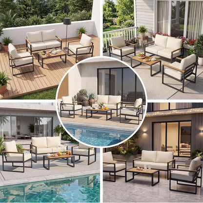 4 Piece Metal Patio Furniture Set with Coffee Table Beige8