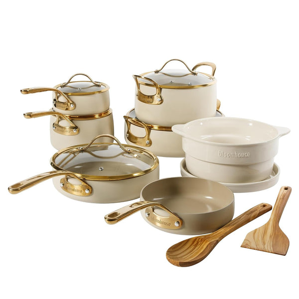 Bloomhouse 15-Piece Ceramic Nonstick Cookware Set, Two Time Oprah'S Favorite Things, Heavy-Gauge Aluminum Pots and Pans Set, PFAS & PFOA & PTFE Free Ceramic Cookware, Oven Safe to 500°F, Almond Cream1