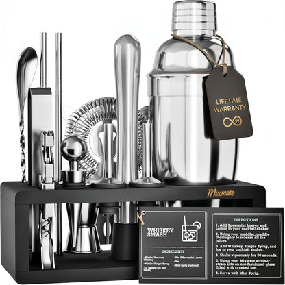 Mixology Bartender Kit with Stand - 15 Piece Bar Tool Set, Silver Bar Set Cocktail Shaker Set for Drink Mixing - Includes Martini Shaker, Jigger, Strainer, Bar Mixer Spoon, Tongs, Opener | Gift Idea1