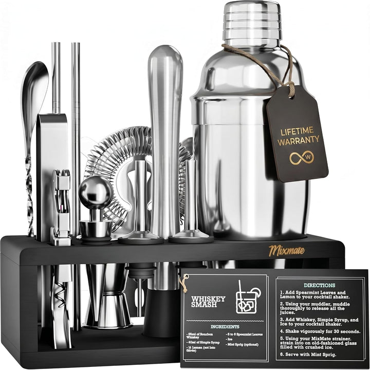 Mixology Bartender Kit with Stand - 15 Piece Bar Tool Set, Silver Bar Set Cocktail Shaker Set for Drink Mixing - Includes Martini Shaker, Jigger, Strainer, Bar Mixer Spoon, Tongs, Opener | Gift Idea