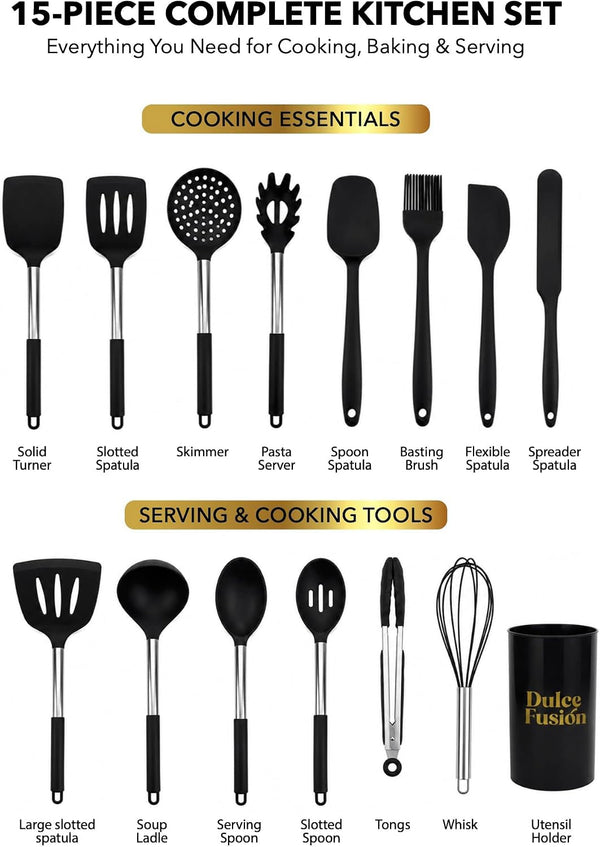 Silicone Cooking Utensil Set, 15-Piece Kitchen Utensils with Stainless Steel Handles & Holder, Bpa-Free Heat Resistant Cooking Tools for Nonstick Cookware, Kitchen Gadgets9