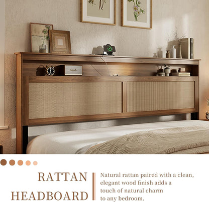 Queen Bed Frame with Natural Rattan Headboard, Brown6