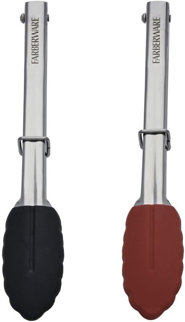 Mini Kitchen Tongs Set of 2, 7 Inch Stainless Steel Cooking Tongs with Silicone Tips, Heat Resistant to 450F, Ring Lock for Compact Storage, Dishwasher Safe, Red and Black6