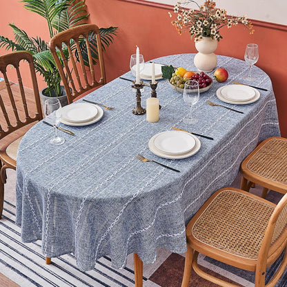 Blue Farmhouse Striped Oval Tablecloth, 55×70 Inch Linen Style Table Cloth1