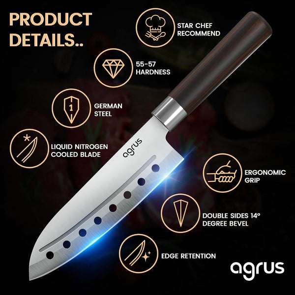 Santoku Knife - Santoku Chef Knife with Plastic Grip - 7 Inch Japanese Santoku Knife - Versatile Knife for Chopping, Slicing, Mincing - Steel Blade with Holes - Cuts Meat, Fish, Vegetables2
