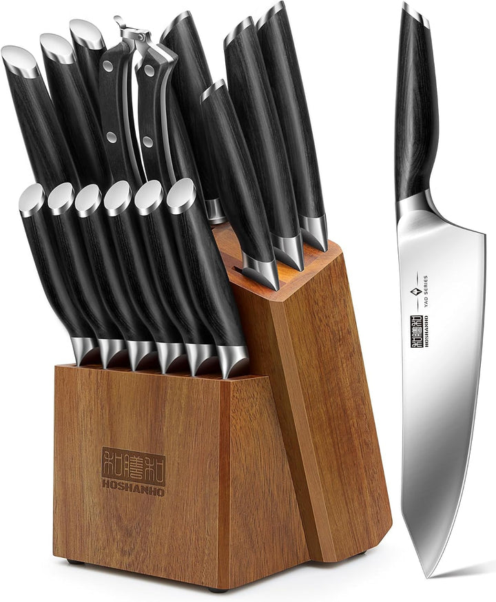 16-Piece Kitchen Knife Set with Block, Ultra Sharp Chef Knife Set | High Carbon Powder Steel Knife Block Set, Professional Knife Set with Sharpener, Ergonomic Pakkawood Handle