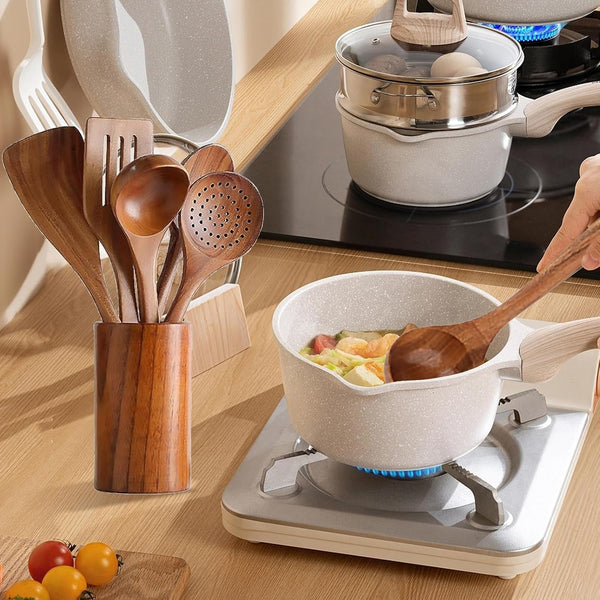 Wooden Kitchen Utensil Set, 9-Piece Cooking Tools with Holder and Spoon Rest, Wooden Spoons for Cooking5