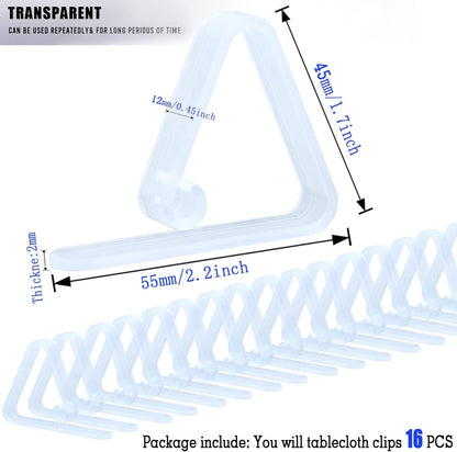 16PCS Clear Plastic Tablecloth Clips,Transparent Clear Tablecloth Clips, Plastic Table Cloth Hold down Clips Table Cloth Holder for Meeting Party Indoor Outdoor Events6