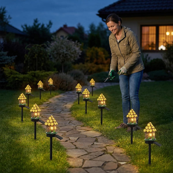 Solar Fairy House Garden Stake Lights, Resin Mushroom and Cottage Figurines, Outdoor Pathway Decor (Yellow)1