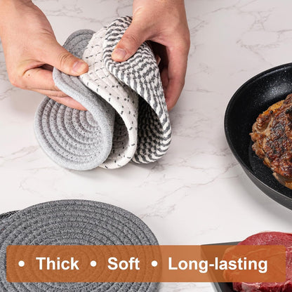 7 Inch Trivets for Hot Dishes, Pot Holders for Kitchen, Hot Pads, Coasters | 5 Pcs, Heat Resistant, 100% Pure Cotton Thread Weave, Hot Mats for Countertop and Table, Kitchen Essentials, Home Decor, Gray3