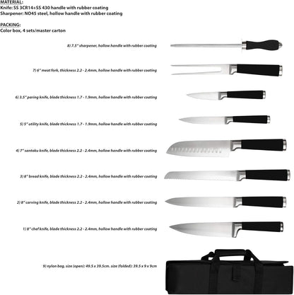 9-Piece Kitchen Knife Set in Carry Case - Ultra Sharp Chef Knives with Ergonomic Handles - Professional Japanese Chef'S Knife Set with Paring, Carving, Bread, Santoku, Utility Knives, Fork, Sharpener3