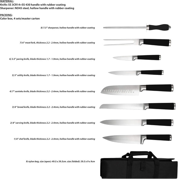 9-Piece Kitchen Knife Set in Carry Case - Ultra Sharp Chef Knives with Ergonomic Handles - Professional Japanese Chef'S Knife Set with Paring, Carving, Bread, Santoku, Utility Knives, Fork, Sharpener3