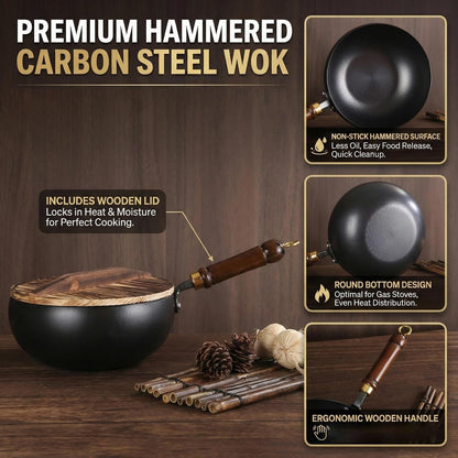Japanese Cast Iron Wok Pan - Uncoated Healthy Cooking Pot with Lid, Hand Hammered Non Stick Frying Pans Made in Japan (Smooth Surface + Glass Lid,11'')6