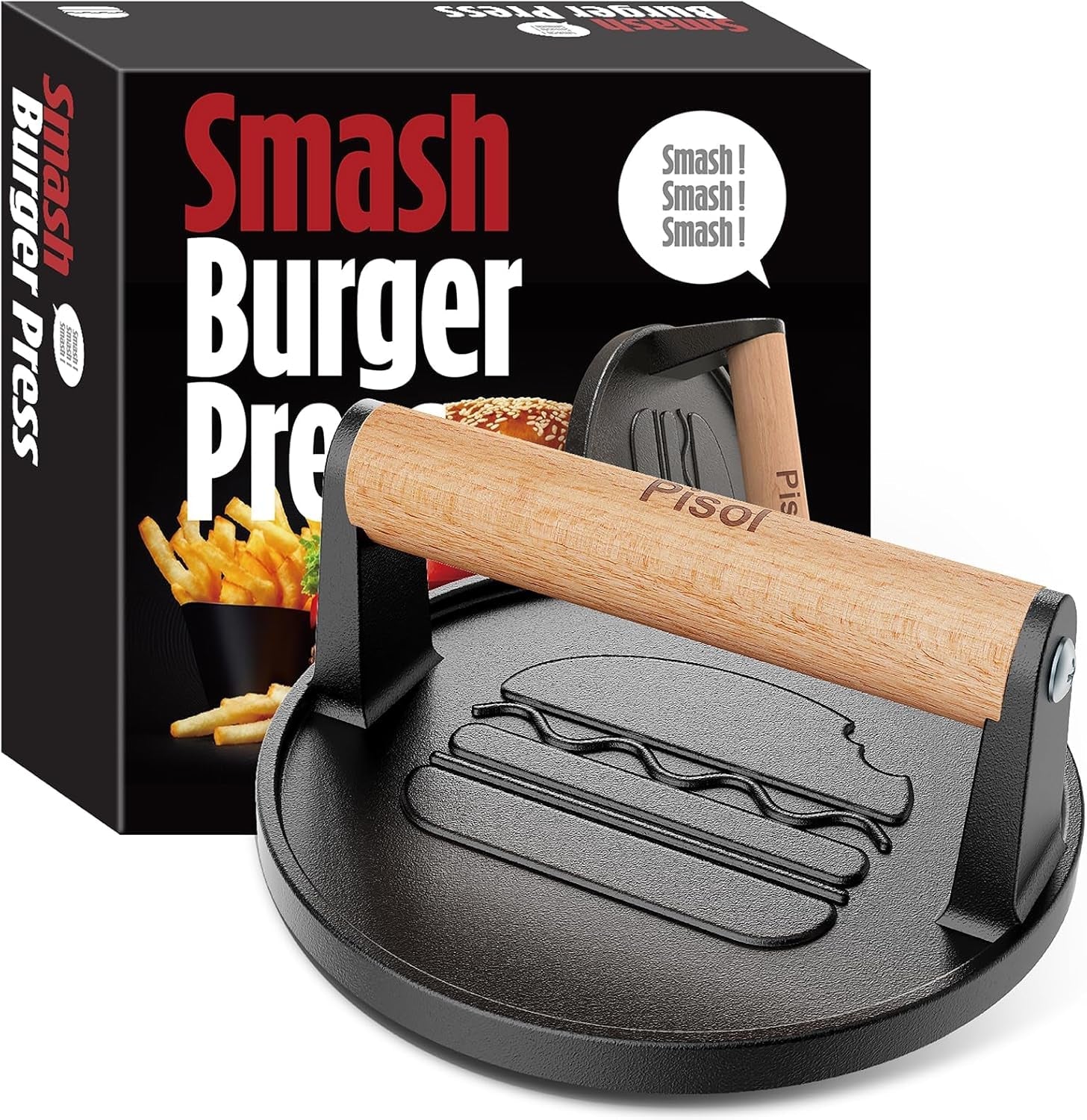 smash-burger-press-pre-seasoned-cast-iron-meat-press-tool-2-lb-rustproof-pre-seasoned-flat-bottom-wooden-handle-dishwasher-safe-no-stick-easy-to-clean-6-6-wide-weighs-2-pounds