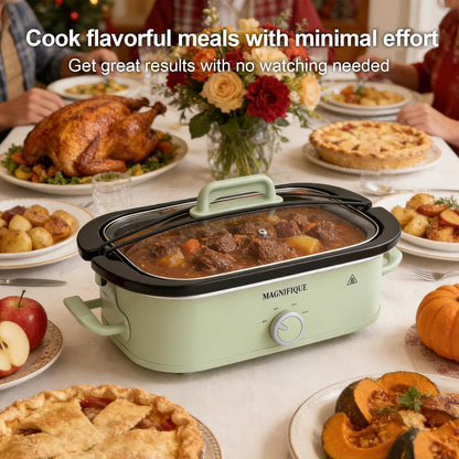 MAGNIFIQUE 4 Quart Slow Cooker with Ceramic Nonstick Baking Dish, Adjustable Temperature, Oven Safe for Lasagna & Roasts, Dishwasher Safe Stoneware & Tempered Glass Lid, Compact Crock Pot, Sage4
