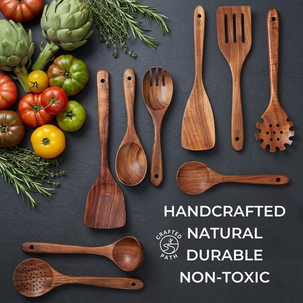 Teak Wooden Utensil Set (9-Piece) – Teak Cooking Utensils for Nonstick Cookware, Teak Wooden Spoons for Cooking & Spatula - Natural Wood Kitchen Utensils by7