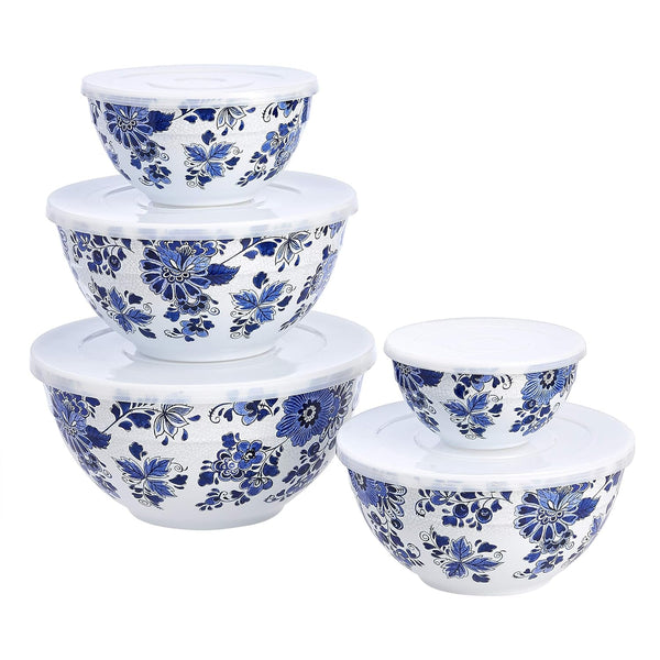 Mixing Bowls with Lids, Nesting Melamine Serving Bowls, Non-Slip Base, BPA Free, Dishwasher Safe, 5 Sizes, Blue and White Floral, Set of 101