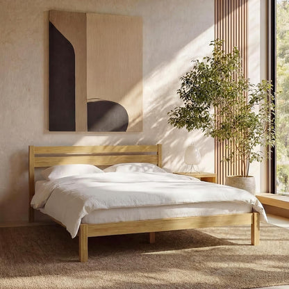 Queen Bed Frame with Headboard Classic Wood Platform, Noise Free, under Bed Storage, No Box Spring Needed, Easy Assembly, Natural1