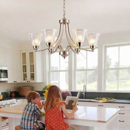 6-Light Brushed Nickel Dining Room Light Fixture，Dimmable Modern Farmhouse Chandelier，Height Adjustable Hanging Light, Clear Glass Shades, Vintage Silver Chandelier for Kitchen Island,Entryway7