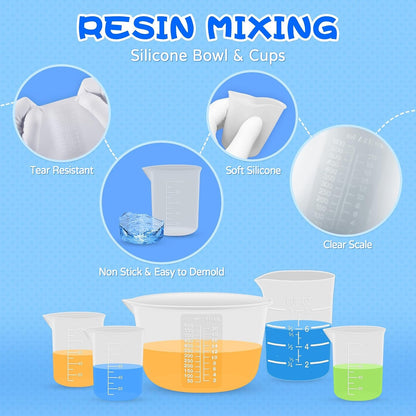 Silicone Resin Mixing Measuring Cups for Resin Supplies, 600Ml/20Oz Bowl, 250 & 100Ml Thickened Reusable Silicone Cups for Epoxy Mixing, with Stir Sticks and Pipettes, Jewelry Making3