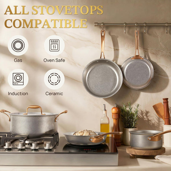 Pots and Pans Set 8 Pcs, Vintage Stainless Steel Cookware Set | Non-Toxic, PFOA/PFOS/PTFE Free, Kitchen Cooking Set with Frying Pans, Saucepans, Oven & Dishwasher Safe, Induction Compatible8