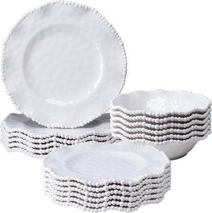 Creamy Beaded Melamine Dinnerware Sets, Set of 6,18 Piece Farmhouse Plates and Bowls Set, Lightweight, Bpa-Free Scalloped Rim Dishes Dinner Serving Set for Indoor & Outdoor Use, Off-White1