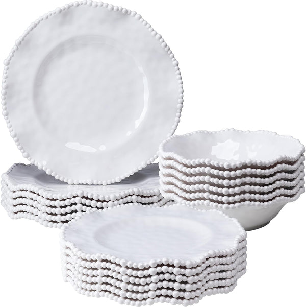 Creamy Beaded Melamine Dinnerware Sets, Set of 6,18 Piece Farmhouse Plates and Bowls Set, Lightweight, Bpa-Free Scalloped Rim Dishes Dinner Serving Set for Indoor & Outdoor Use, Off-White1