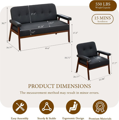 Black Leather Loveseat and Accent Chairs, Mid-Century Modern Office Furniture Sofa and Chair Set, Small Love Seat Couches with Wood Arm, 3 Pieces Living Room Furniture Sets (3)9