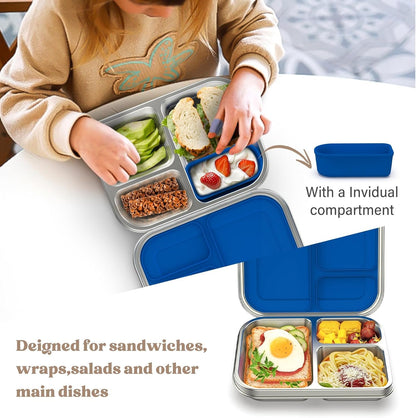 Stainless Steel Bento Box Kids, 3 Compartments Leak Proof Metal Bento Lunch Box, 304 Stainless Steel Bento Lunch Containers for School and Office,Dishwasher Safe, Bpa-Free-Blue2