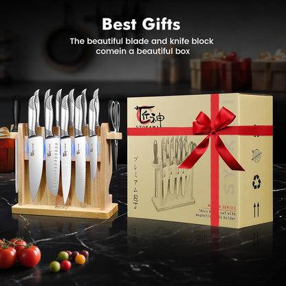 Japanese Knives Set for Kitchen, Magnetic Knife Set with Block and Sharpener, Stainless Steel Knife Set as Gift for Couple, Wedding, Women or Mom with Gift Box, 14 PCS Black Dot9