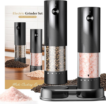 Electric Salt and Pepper Grinder Set - Rechargeable Automatic Salt and Pepper Shakers, Kitchen Appliances with External Adjustable Coarseness, Larger Hopper for Cooking, Home Gifts(2 Pack,Black/Black)1