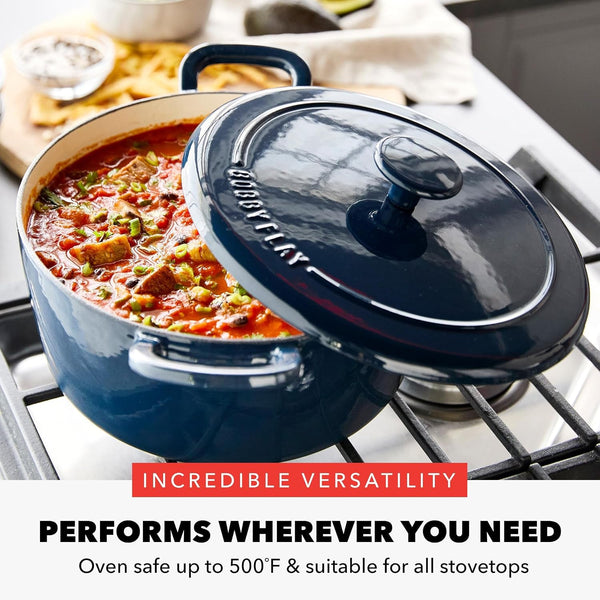 X Bobby Flay 5.5QT Enameled Cast Iron Dutch Oven with Lid, Navy | Casserole Pot for Braising, Stews, Bread Baking & Searing, Self-Basting Lid, Induction Ready, Oven Safe to 5006