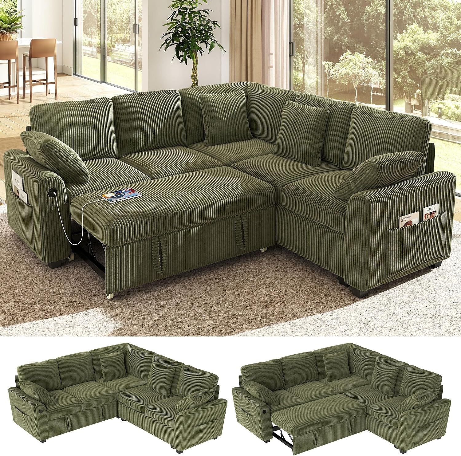 83-inch-5-seater-large-sectional-sofa-bed-with-storage-corduroy-reversible-modular-sleeper-sofa-with-usb-port-4-pillows-convertible-l-shaped-couch-for-living-room-green