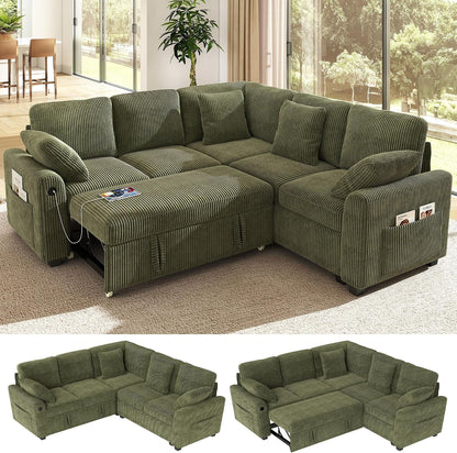 83-Inch 5-Seater Large Sectional Sofa Bed with Storage, Corduroy Reversible Modular Sleeper Sofa with USB Port & 4 Pillows, Convertible L-Shaped Couch for Living Room（Green）1