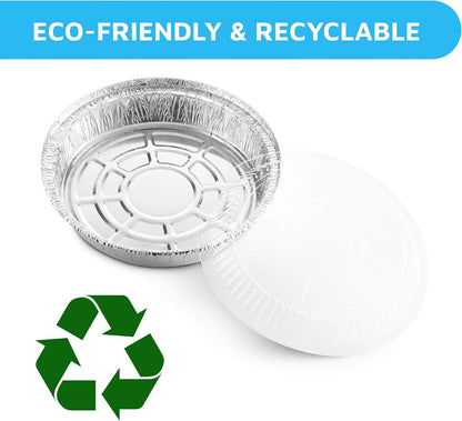 9” round Aluminum Foil Pans with Clear Lids | Disposable Containers with Straight Walls for Storing, Baking, Meal Prep & Reheating | Freezer & Oven Safe, Recyclable | 40 Pack of Tins7