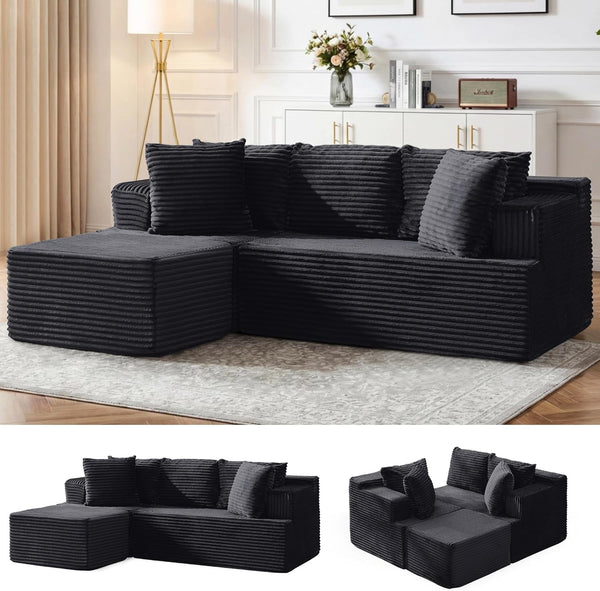 Cloud Modular Sectional Sofa with L-Shaped, Boneless Couches for Living Room, Fluffy Comfy Corduroy Deep Seat with Ottoman, Bedroom, Apartment, No Assembly Required1