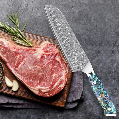 Damascus Santoku Knife 7 Inch, Razor Sharp Professional Chef Knife, Japanese Hand Forged 67 Layers Hammered Damascus Blade, Ergonomic Abalone Shell Handle Cooking Knife with Gift Box8