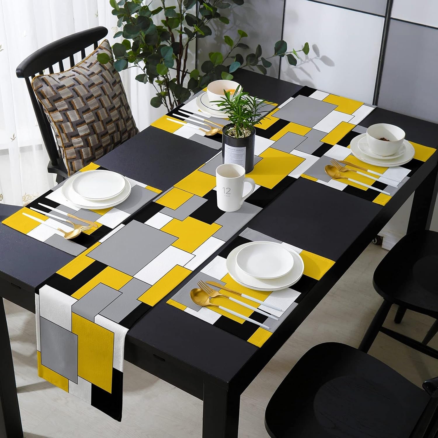 table-runner-with-placemats-set-of-6-yellow-grey-black-splicing-color-block-cotton-linen-kitchen-dining-mats-non-slip-table-cover-13x70-table-mats-set-for-dresser-dining-table-abstract-modern-art