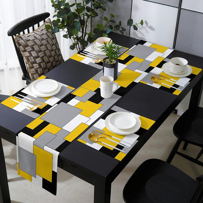 Table Runner with Placemats Set of 6, Yellow Grey Black Splicing Color Block Cotton Linen Kitchen Dining Mats Non-Slip Table Cover 13"X70", Table Mats Set for Dresser Dining Table Abstract Modern Art1