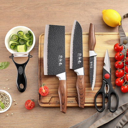 5 PCS Kitchen Chef Knife Set, Include 7 Inch Cleaver, 7 Inch Santoku, 4.5 Inch Utility Knife, Kitchen Scissors and Peeler7
