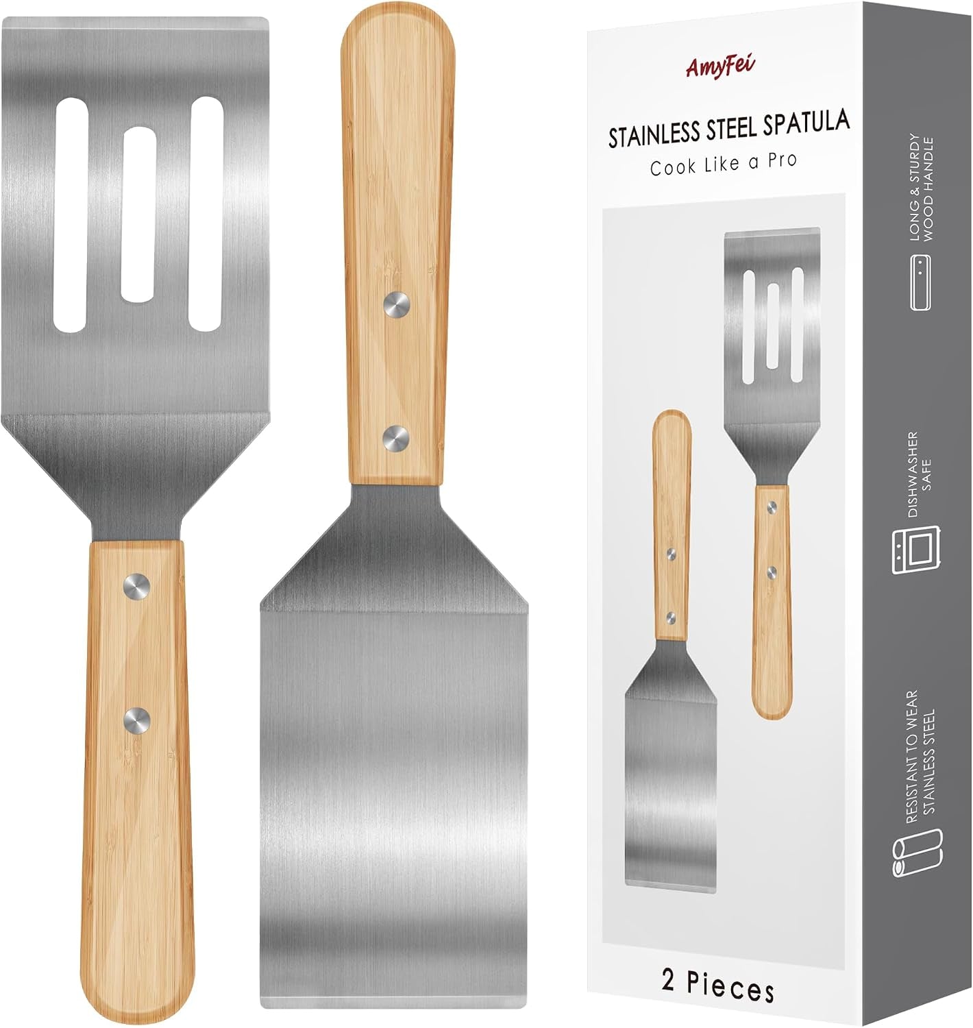 2pcs-stainless-steel-spatula-wooden-handle-metal-spatula-for-steak-burgers